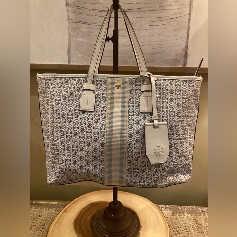 Tory Burch Gemini Link Coated Canvas White Leather Tote Bag Crossbody Strap - Picture 2 of 10